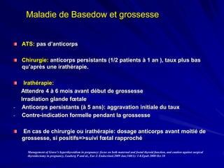 ATS: pas d’anticorps
Chirurgie: anticorps persistants (1/2 patients à 1 an ), taux plus bas
qu’après une irathérapie.
Irathérapie:
Attendre 4 à 6 mois avant début de grossesse
Irradiation glande fœtale
- Anticorps persistants (à 5 ans): aggravation initiale du taux
- Contre-indication formelle pendant la grossesse
En cas de chirurgie ou irathérapie: dosage anticorps avant moitié de
grossesse, si positifs=>suivi fœtal rapproché
Maladie de Basedow et grossesse
Management of Grave’s hyperthyroidism in pregnancy: focus on both maternal and foetal thyroid function, and caution against surgical
thyroidectomy in pregnancy, Lauberg P and al., Eur J. Endocrinol.2009 Jan;160(1): 1-8.Epub 2008 Oct 10
 