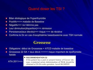 Quand doser les TSI ?
Bilan étiologique de l’hyperthyroïdie
Positifs>>>> maladie de Basedow
Négatifs>>> ne l’élimine pas
Leur diminution(disparition)>>> rémission
Persistance(taux élevés)>>> risque +++ de récidive
Confirme le Dc en cas d’exophtalmie basedowienne avec TSH normale
Obligatoire: début de Grossesse + ATCD maladie de basedow
Grossesse 22 SA + taux élevé >>>>> risque important de dysthyroidie
fœtale
ATA 2011>>>
Grossesse
 
