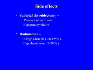 Side effects
• Subtotal thyroidectomy –
Paralysis of vocal cord
Hypoparathyroidism
• Radioiodine –
Benign adenoma ( 0.6-1.9 % )
Hypothyroidism ( 10-20 % )
 