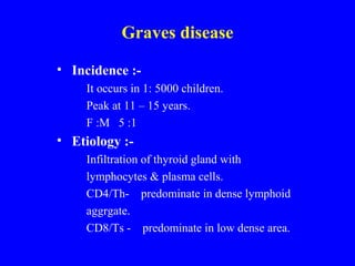 Graves disease
• Incidence :-
It occurs in 1: 5000 children.
Peak at 11 – 15 years.
F :M 5 :1
• Etiology :-
Infiltration of thyroid gland with
lymphocytes & plasma cells.
CD4/Th- predominate in dense lymphoid
aggrgate.
CD8/Ts - predominate in low dense area.
 