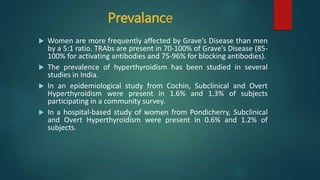 Prevalance
 Women are more frequently affected by Grave’s Disease than men
by a 5:1 ratio. TRAbs are present in 70-100% of Grave’s Disease (85-
100% for activating antibodies and 75-96% for blocking antibodies).
 The prevalence of hyperthyroidism has been studied in several
studies in India.
 In an epidemiological study from Cochin, Subclinical and Overt
Hyperthyroidism were present in 1.6% and 1.3% of subjects
participating in a community survey.
 In a hospital-based study of women from Pondicherry, Subclinical
and Overt Hyperthyroidism were present in 0.6% and 1.2% of
subjects.
 