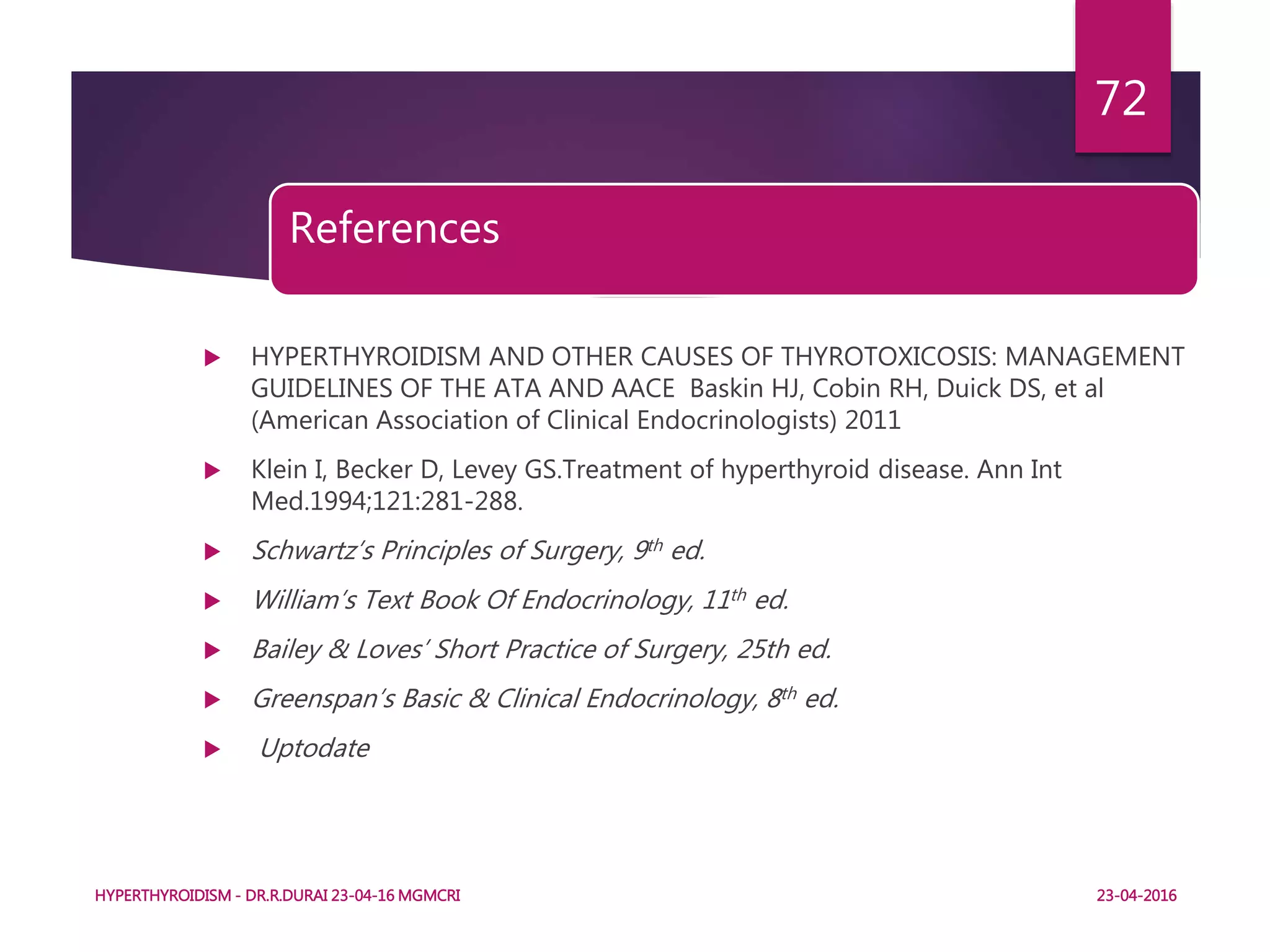 References
 HYPERTHYROIDISM AND OTHER CAUSES OF THYROTOXICOSIS: MANAGEMENT
GUIDELINES OF THE ATA AND AACE Baskin HJ, Cobin RH, Duick DS, et al
(American Association of Clinical Endocrinologists) 2011
 Klein I, Becker D, Levey GS.Treatment of hyperthyroid disease. Ann Int
Med.1994;121:281-288.
 Schwartz’s Principles of Surgery, 9th ed.
 William’s Text Book Of Endocrinology, 11th ed.
 Bailey & Loves’ Short Practice of Surgery, 25th ed.
 Greenspan’s Basic & Clinical Endocrinology, 8th ed.
 Uptodate
HYPERTHYROIDISM - DR.R.DURAI 23-04-16 MGMCRI
72
23-04-2016
 