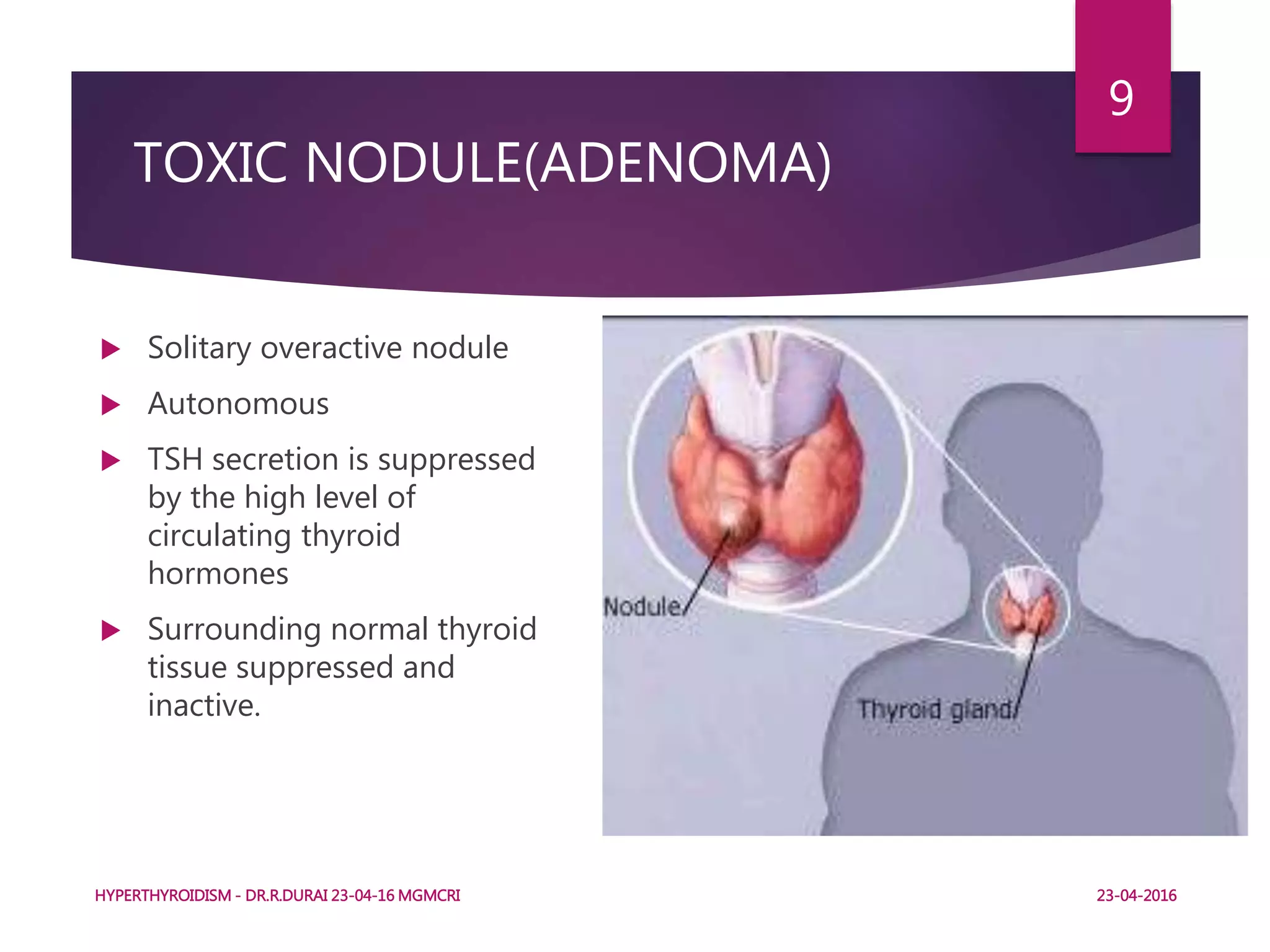TOXIC NODULE(ADENOMA)
 Solitary overactive nodule
 Autonomous
 TSH secretion is suppressed
by the high level of
circulating thyroid
hormones
 Surrounding normal thyroid
tissue suppressed and
inactive.
HYPERTHYROIDISM - DR.R.DURAI 23-04-16 MGMCRI
9
23-04-2016
 