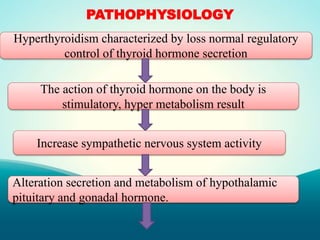 PATHOPHYSIOLOGY
Hyperthyroidism characterized by loss normal regulatory
control of thyroid hormone secretion
The action of thyroid hormone on the body is
stimulatory, hyper metabolism result
Increase sympathetic nervous system activity
Alteration secretion and metabolism of hypothalamic
pituitary and gonadal hormone.
 