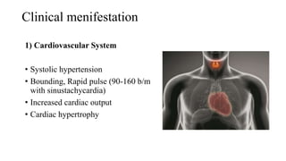 Clinical menifestation
1) Cardiovascular System
• Systolic hypertension
• Bounding, Rapid pulse (90-160 b/m
with sinustachycardia)
• Increased cardiac output
• Cardiac hypertrophy
 