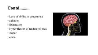 Contd.........
• Lack of ability to concentrate
• agitation
• Exhaustion
• Hyper flexion of tendon reflexes
• stupur
• coma
 