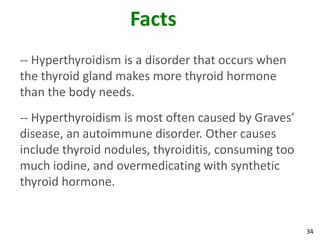 34
Facts
-- Hyperthyroidism is a disorder that occurs when
the thyroid gland makes more thyroid hormone
than the body needs.
-- Hyperthyroidism is most often caused by Graves’
disease, an autoimmune disorder. Other causes
include thyroid nodules, thyroiditis, consuming too
much iodine, and overmedicating with synthetic
thyroid hormone.
 