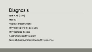 Diagnosis
TSH-R Ab [stim]
Free T3
Atypical presentations:
-Thyrotoxic periodic paralysis
-Thyrocardiac disease
-Apathetic hyperthyroidism
-Familial dysalbuminemic hyperthyroxinemia
 