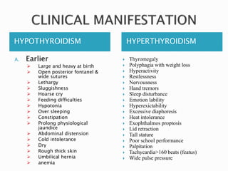 HYPOTHYROIDISM HYPERTHYROIDISM
A. Earlier
 Large and heavy at birth
 Open posterior fontanel &
wide sutures
 Lethargy
 Sluggishness
 Hoarse cry
 Feeding difficulties
 Hypotonia
 Over sleeping
 Constipation
 Prolong physiological
jaundice
 Abdominal distension
 Cold intolerance
 Dry
 Rough thick skin
 Umbilical hernia
 anemia
 Thyromegaly
 Polyphagia with weight loss
 Hyperactivity
 Restlessness
 Nervousness
 Hand tremors
 Sleep disturbance
 Emotion lability
 Hyperexictability
 Excessive diaphoresis
 Heat intolerance
 Exophthalmos proptosis
 Lid retraction
 Tall stature
 Poor school performance
 Palpitation
 Tachycardia>160 beats (featus)
 Wide pulse pressure
 