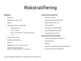 Riskstratifering
Riskfaktorer
●
Manligt kön
●
Ålder (män ≥55, kvinnor ≥65)
●
Rökning
●
Dyslipidemi (minst ett av de följande):
– Totalkolesterol > 4.9
– LDL > 3.0 mmol/L
– HDL < 1.0 hos män eller < 1.2 mmol/L hos kvinnor
– TG > 1.7
●
fP-Glukos 5.6–6.9 mmol/L
●
Patologisk glukosbelastning
●
BMI ≥ 30
●
Midjemått: men ≥ 102 cm, kvinnor ≥ 88 cm
●
Hereditet för hjärt-kärlsjukdom
(debut < 55 år hos män eller < 65 år hos kvinnor)
Asymptomatisk organpåverkan
●
Pulstryck ≥ 60 mmHg
●
Vänsterkammarhypertrof (EKG/eko)
●
Ankle/brachial BP index < 0.9
●
GFR 30–60 (CKD 3)
●
Mikroalbuminuri (30-300 mg/24h)
●
Intima-mediaförtjockning i carotis
●
carotid-femoral PWV >10 m/s
Manifest hjärt-kärl- eller njursjukdom
●
Stroke (hemorragisk eller ischemisk), TIA
●
Kranskärlssjukdom
●
Hjärtsvikt
●
Avancerad njursvikt (GFR < 30) eller makroalbuminuri
●
Avancerad retinopati eller papilloödem
(*) Källa: 2013 ESH/ESC Guidelines for the management of arterial hypertension
 