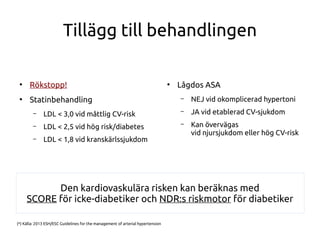 Tillägg till behandlingen
●
Rökstopp!
●
Statinbehandling
– LDL < 3,0 vid måttlig CV-risk
– LDL < 2,5 vid hög risk/diabetes
– LDL < 1,8 vid kranskärlssjukdom
●
Lågdos ASA
– NEJ vid okomplicerad hypertoni
– JA vid etablerad CV-sjukdom
– Kan övervägas
vid njursjukdom eller hög CV-risk
Den kardiovaskulära risken kan beräknas med
SCORE för icke-diabetiker och NDR:s riskmotor för diabetiker
(*) Källa: 2013 ESH/ESC Guidelines for the management of arterial hypertension
 