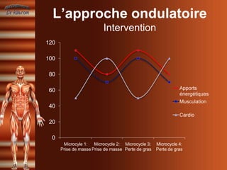 L’approche ondulatoire
                          Intervention
120

100

 80

 60                                                          Apports
                                                             énergétiques
                                                             Musculation
 40
                                                             Cardio
 20

  0
       Microcyle 1: Microcycle 2: Microcycle 3: Microcycle 4:
      Prise de masse Perte de gras Prise de masse Perte de gras
 