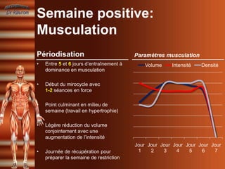 Semaine positive:
Musculation
Périodisation                             Paramètres musculation
•   Entre 5 et 6 jours d’entraînement à       Volume    Intensité   Densité
    dominance en musculation

•   Début du mirocycle avec
    1-2 séances en force

•   Point culminant en milieu de
    semaine (travail en hypertrophie)

•   Légère réduction du volume
    conjointement avec une
    augmentation de l’intensité
                                          Jour Jour Jour Jour Jour Jour Jour
•   Journée de récupération pour           1    2    3    4    5    6    7
    préparer la semaine de restriction
 