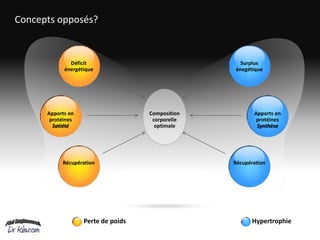 Concepts opposés?


              Déficit                               Surplus
            énergétique                           énergétique




      Apports en                    Composition          Apports en
       protéines                     corporelle           protéines
        Satiété                       optimale            Synthèse




           Récupération                           Récupération




                   Perte de poids                        Hypertrophie
 