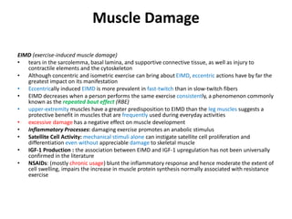 Muscle Damage
EIMD (exercise-induced muscle damage)
• tears in the sarcolemma, basal lamina, and supportive connective tissue, as well as injury to
contractile elements and the cytoskeleton
• Although concentric and isometric exercise can bring about EIMD, eccentric actions have by far the
greatest impact on its manifestation
• Eccentrically induced EIMD is more prevalent in fast-twitch than in slow-twitch fibers
• EIMD decreases when a person performs the same exercise consistently, a phenomenon commonly
known as the repeated bout effect (RBE)
• upper-extremity muscles have a greater predisposition to EIMD than the leg muscles suggests a
protective benefit in muscles that are frequently used during everyday activities
• excessive damage has a negative effect on muscle development
• Inflammatory Processes: damaging exercise promotes an anabolic stimulus
• Satellite Cell Activity: mechanical stimuli alone can instigate satellite cell proliferation and
differentiation even without appreciable damage to skeletal muscle
• IGF-1 Production : the association between EIMD and IGF-1 upregulation has not been universally
confirmed in the literature
• NSAIDs: (mostly chronic usage) blunt the inflammatory response and hence moderate the extent of
cell swelling, impairs the increase in muscle protein synthesis normally associated with resistance
exercise
 