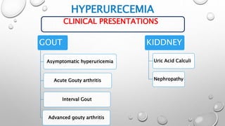 HYPERURECEMIA
CLINICAL PRESENTATIONS
GOUT
Asymptomatic hyperuricemia
Acute Gouty arthritis
Interval Gout
Advanced gouty arthritis
KIDDNEY
Uric Acid Calculi
Nephropathy
 