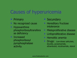 Causes of hyperuricemia Primary No recognized cause Hypoxanthine phosphoribosyltransferase deficiency Increased phosphoribosyl pyrophosphatase activity. Secundary Hereditary fructose intolerance Mieloproliferative disease Linfoproliferative disease Hemolitic anemia Drugs:  Low-doses salicylate, diuretis, pyrazinamide, ethambutol, nicotinamide, etanol www.freelivedoctor.com 