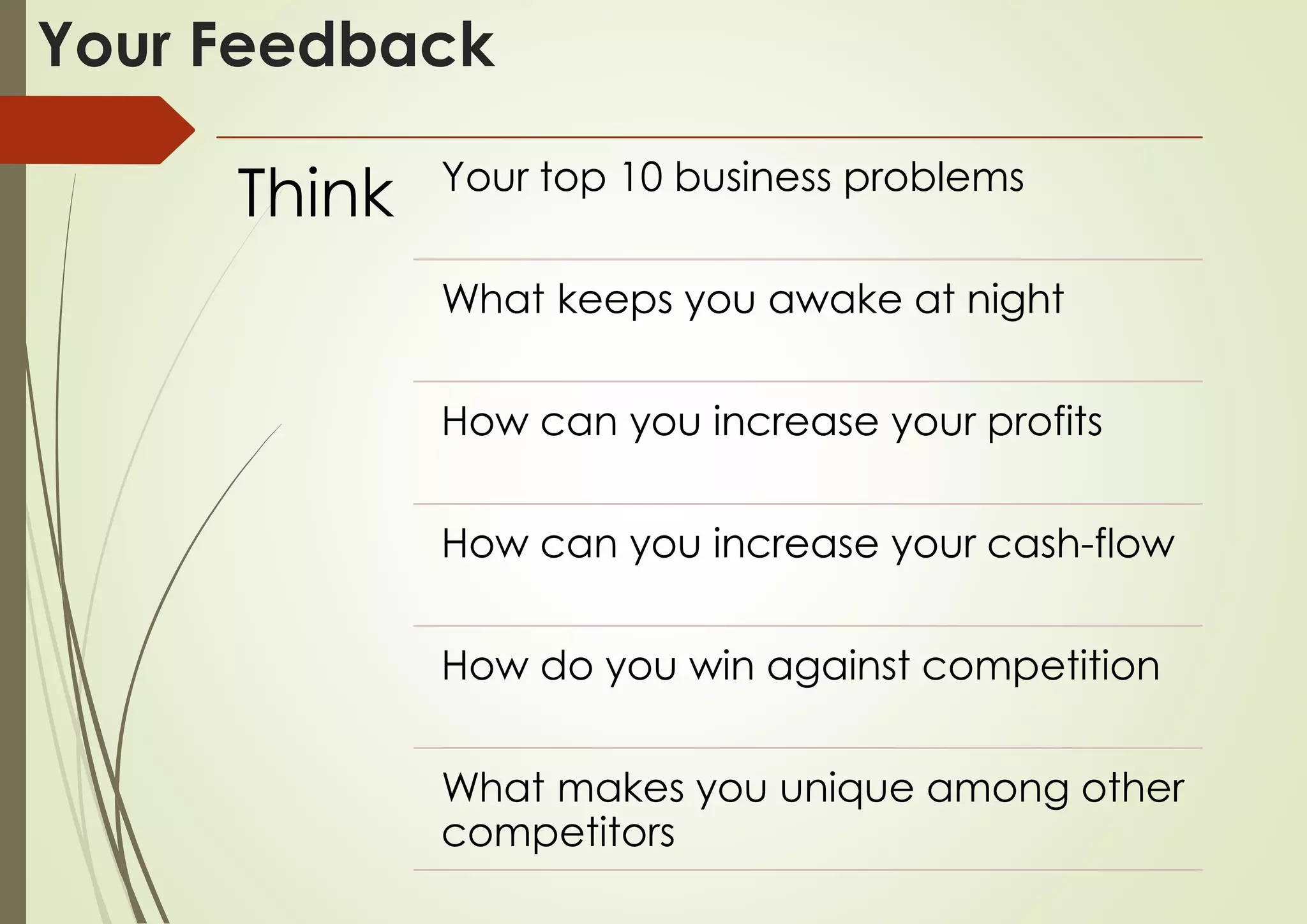 Your Feedback
Think Your top 10 business problems
What keeps you awake at night
How can you increase your profits
How can you increase your cash-flow
How do you win against competition
What makes you unique among other
competitors
 
