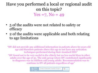 Have you performed a local or regional audit
on this topic?
Yes =7, No = 49
• 5 of the audits were not related to safety or
efficacy
• 2 of the audits were applicable and both relating
to age limitations
“HV did not provide any additional information in patients above 60 years old
age and therefore patients above this age to not have any activation
techniques performed during their standard EEG”
“HV found not to be very useful in the elderly but no less useful than in other
adults over the age of 30. The only group where HV contributed significantly
to diagnoses was in children and young adults. Recommendation was to
continue to HV all patients regardless of age”
 