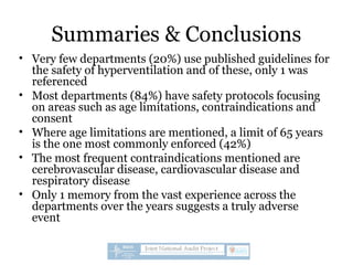 Summaries & Conclusions
• Very few departments (20%) use published guidelines for
the safety of hyperventilation and of these, only 1 was
referenced
• Most departments (84%) have safety protocols focusing
on areas such as age limitations, contraindications and
consent
• Where age limitations are mentioned, a limit of 65 years
is the one most commonly enforced (42%)
• The most frequent contraindications mentioned are
cerebrovascular disease, cardiovascular disease and
respiratory disease
• Only 1 memory from the vast experience across the
departments over the years suggests a truly adverse
event
 