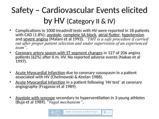 Safety – Cardiovascular Events elicited
by HV (Category II & IV)
• Complications in 1000 treadmill tests with HV were reported in 18 patients
with CAD (1.8%); asystole, complete SA block, atrial flutter, hypotension
and severe angina (Malani et al 1993). “TMT is a safe procedure if carried
out after proper patient selection and under supervision of an experienced
team”.
• Coronary artery spasm with ST segment changes in 127 of 206 angina
patients (62%) after 6 m. HV. No reported adverse events (Nakao et al
1997).
• Acute Myocardial Infarction due to coronary vasospasm in a patient
associated with HV (Chelmowski & Keelan 1988).
• Acute Myocardial Infarction in a patient following ‘HV test’ at coronary
angiography (Fragasso et al 1989).
• Asystole with syncope secondary to hyperventilation in 3 young athletes
(Buja et al 1989). “Vagal mechanism”.
 