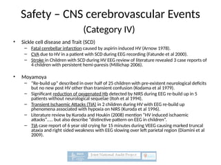 Safety – CNS cerebrovascular Events
(Category IV)
• Sickle cell disease and Trait (SCD)
– Fatal cerebellar infarction caused by aspirin induced HV (Arnow 1978).
– CVA due to HV in a patient with SCD during EEG recording (Fatunde et al 2000).
– Stroke in Children with SCD during HV EEG review of literature revealed 3 case reports of
4 children with persistent hemi-paresis (Millichap 2006).
• Moyamoya
– “Re-build up” described in over half of 25 children with pre-existent neurological deficits
but no new post HV other than transient confusion (Kodama et al 1979).
– Significant reduction of oxygenated Hb detected by NIRS during EEG re-build up in 5
patients without neurological sequelae (Itoh et al 1994).
– Transient Ischaemic Attacks (TIA) in 2 children during HV with EEG re-build up
phenomena associated with hypoxia on NIRS (Kuroda et al 1996).
– Literature review by Kuroda and Houkin (2008) mention “HV induced ischaemic
attacks”….. but also describe “distinctive pattern on EEG in children”.
– TIA case report of 6 year old crying for 15 minutes during VEEG causing marked truncal
ataxia and right sided weakness with EEG slowing over left parietal region (Diamini et al
2009).
 