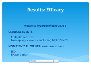 (Patients hyperventilated 3475 )
CLINICAL EVENTS
 Epileptic seizures
 Non-epileptic events (including NEAD/PNES)
NON CLINICAL EVENTS-CHANGE IN EEG ONLY
 IED
 Exacerbation
Results: Efficacy
 
