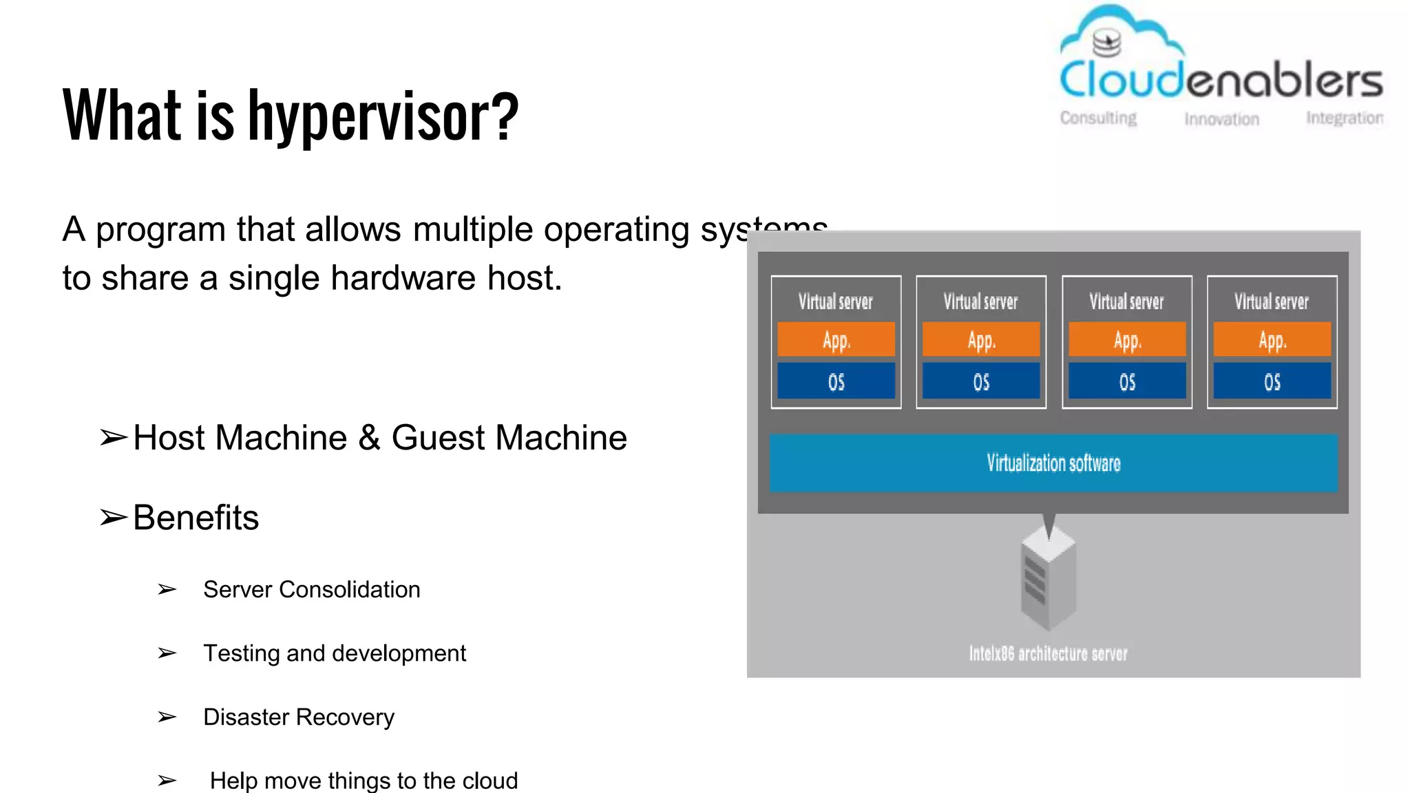 What is hypervisor?
A program that allows multiple operating systems
to share a single hardware host.
➢Host Machine & Guest Machine
➢Benefits
➢ Server Consolidation
➢ Testing and development
➢ Disaster Recovery
➢ Help move things to the cloud
 