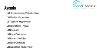 Agenda
❏Introduction to Virtualization
❏What is Hypervisor
❏Types of Hypervisor
❏Openstack - Nova
❏Nova api
❏Nova Conductor
❏Nova scheduler
❏Nova Compute
❏Supported Hypervisor
 