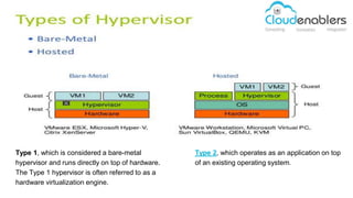 Types of hypervisor?
Type 1, which is considered a bare-metal
hypervisor and runs directly on top of hardware.
The Type 1 hypervisor is often referred to as a
hardware virtualization engine.
Type 2, which operates as an application on top
of an existing operating system.
 