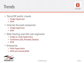 Trends
•  Telco/ISP public clouds
•  Single hypervisor
•  KVM

•  Internet focused companies
•  Single hypervisor
•  KVM

•  Web Hosting and SAS sub-segments
•  Single or multi hypervisors
•  Containers (LXC, Parallels, Docker)
•  KVM

•  Enterprise
•  Multi hypervisors
•  KVM and vCenter/ESXi

©	
  MIRANTIS	
  2012	
  

PAGE	
  6	
  

 