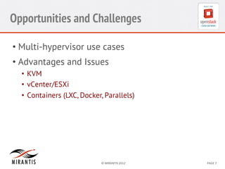 Opportunities and Challenges
•  Multi-hypervisor use cases
•  Advantages and Issues
•  KVM
•  vCenter/ESXi
•  Containers (LXC, Docker, Parallels)

©	
  MIRANTIS	
  2012	
  

PAGE	
  7	
  

 