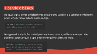 Tipando o básico
No javascript a gente simplesmente declara uma variável e o seu tipo é inferido e
pode ser alterado em todo nosso código.
No typescript a inferência de tipos também acontece, a diferença é que nele,
podemos apontar qual o tipo e não conseguimos alterá-lo mais.
 