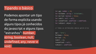 Tipando o básico
Podemos apontar um tipo
de forma explícita usando
alguns tipos já conhecidos
do javascript e alguns tipos
"estranhos": number,
string, boolean, null,
undefined, any, never e
void.
 