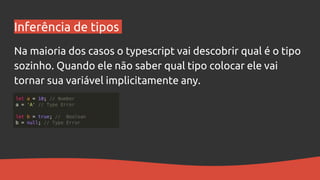 Inferência de tipos
Na maioria dos casos o typescript vai descobrir qual é o tipo
sozinho. Quando ele não saber qual tipo colocar ele vai
tornar sua variável implicitamente any.
 