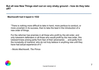 But all new New Things start out on very shaky ground – how do they take
   off?


    Machiavelli had it taped in 1532


...