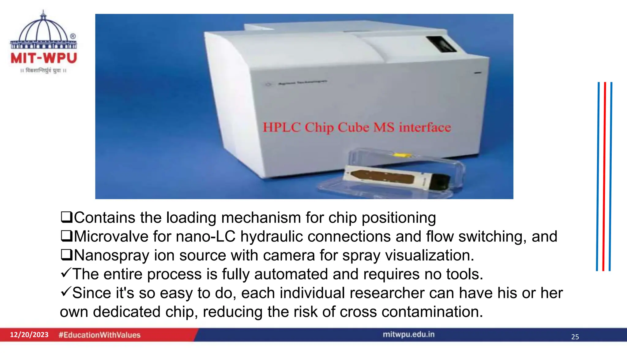 12/20/2023 25
Contains the loading mechanism for chip positioning
Microvalve for nano-LC hydraulic connections and flow switching, and
Nanospray ion source with camera for spray visualization.
The entire process is fully automated and requires no tools.
Since it's so easy to do, each individual researcher can have his or her
own dedicated chip, reducing the risk of cross contamination.
 