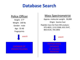 Database Search
Police Officer
Height: 5’7”
Weight: 160 lbs
Gender: male
Age: 35-40
Fingerprints
Mass Spectrometrist
Approx. molecular weight: 30,000
Origin: bovine liver
Peptide mass list from MS analysis:
975.4832, 1112.5368, 632.3147,
803.4134, 764.3892
DATABASE OF
KNOWN FELLOWS
PEPTIDE MASS
DATABASE
OF KNOWN
PROTEINS
search search
 