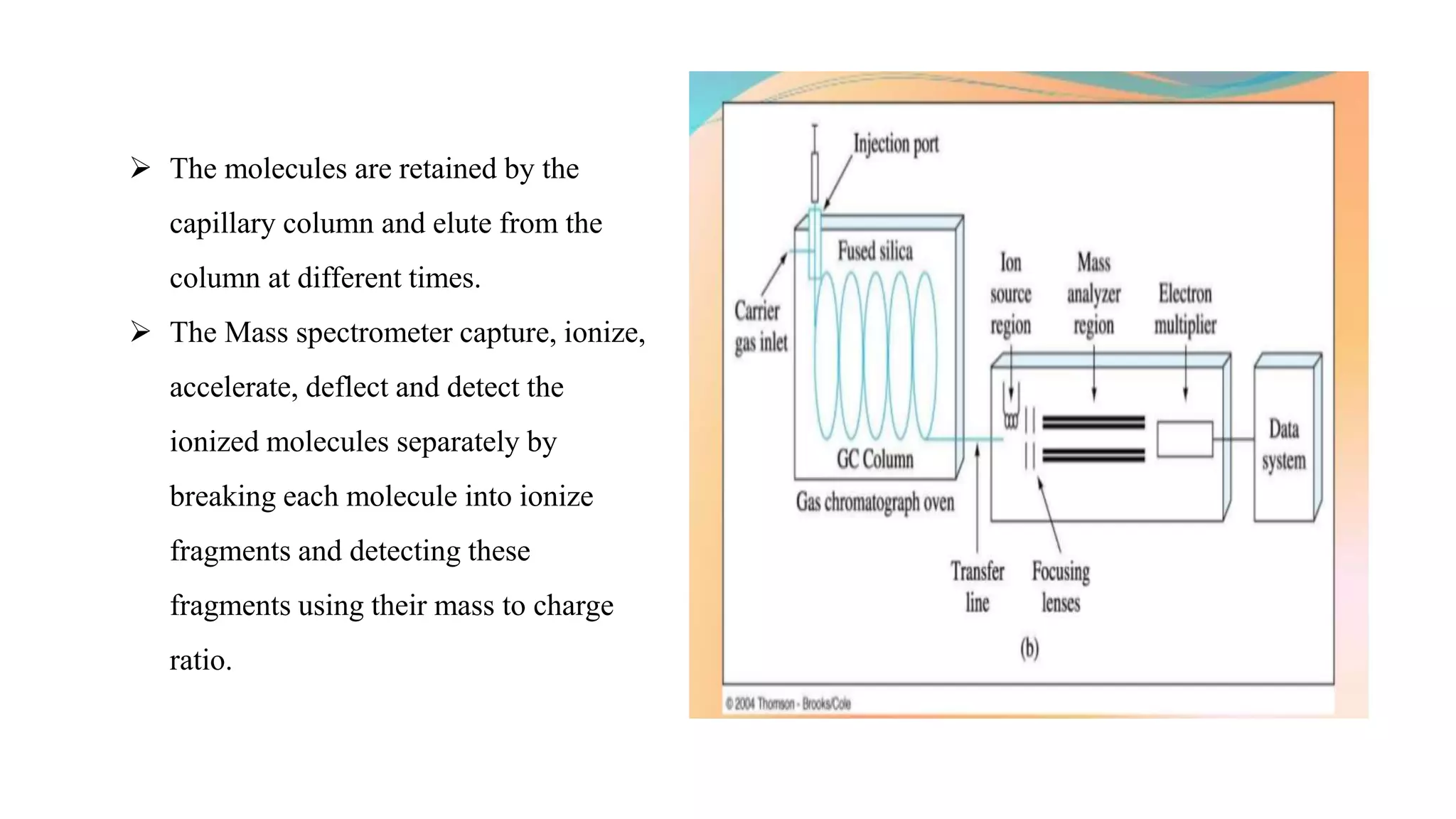  The molecules are retained by the
capillary column and elute from the
column at different times.
 The Mass spectrometer capture, ionize,
accelerate, deflect and detect the
ionized molecules separately by
breaking each molecule into ionize
fragments and detecting these
fragments using their mass to charge
ratio.
 