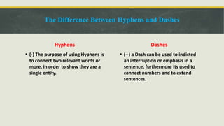 The Difference Between Hyphens and Dashes
Hyphens
 (-) The purpose of using Hyphens is
to connect two relevant words or
more, in order to show they are a
single entity.
Dashes
 (--) a Dash can be used to indicted
an interruption or emphasis in a
sentence, furthermore its used to
connect numbers and to extend
sentences.
 