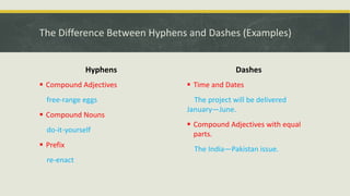 The Difference Between Hyphens and Dashes (Examples)
Hyphens
 Compound Adjectives
free-range eggs
 Compound Nouns
do-it-yourself
 Prefix
re-enact
Dashes
 Time and Dates
The project will be delivered
January—June.
 Compound Adjectives with equal
parts.
The India—Pakistan issue.
 