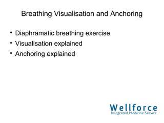 Breathing Visualisation and Anchoring


    Diaphramatic breathing exercise

    Visualisation explained

    Anchoring explained
 