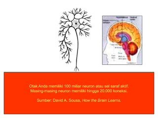 Otak Anda memiliki 100 miliar neuron atau sel saraf aktif.
Masing-masing neuron memiliki hingga 20.000 koneksi.
Sumber: David A. Sousa, How the Brain Learns.

 