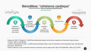 Baroréflexe: “cohérence cardiaque”Réflexe anatomique: https://en.wikipedia.org/wiki/Baroreflex
Eckberg DL, Kifle YT, Roberts VL. (1980) Phase relationship between normal human respiration and baroreflex responsiveness.
J Physiol. 1980 Jul; 304:489-502.
Trzebski A, Raczkowska M, Kubin L. (1980) Carotid baroreceptor reflex in man, its modulation over the respiratory cycle. Acta Neurobiol
Exp (Wars).; 40(5):807-20.
Cardiac coherence: a new, noninvasive measure of autonomic nervous system order. Altern Ther Health Med. 1996 Jan;2(1):52-65.
Détente du
diaphragme et
les muscles
intercostaux.
-15%
Expiration
profonde
Déclenchement
du baroréflexe Inspiration
Cycle
respiratoire de
10-12 secondes
+15%
Conditionnement
Activation
Baroréflexe
15
 