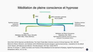 Méditation de pleine conscience et hypnose
21
Système nerveux
autonome
sympathique
Système nerveux
autonome
parasympathique
Akira Otani (2016) Hypnosis and Mindfulness: The Twain Finally Meet, American Journal of Clinical Hypnosis, 58:4, 383-398
Berkovich-Ohana, Glicksohn, and Goldstein (2012) Mindfulness-induced changes in gamma band activity - implications for the default
mode network, self-reference and attention. Clin Neurophysiol. 2012 Apr ;123(4):700-10
Sterman, B. & Egner, T. (2006) Foundation and Practice of Neurofeedback for the treatment of Epilepsy, Applied Psychophysiology &
Biofeedback, March, 31(1):21-35
Hypnose
Méditation Samatha, Jhana, Samadhi
SMR, Beta, Theta (Sterman)
GRO (orientation générale
vers la réalité)
Méditation de Pleine Conscience
Vipassana, Zen, Satori
high-frequency gamma: Berkovich-Ohana,
Glicksohn, and Goldstein (2012)
GRO
 