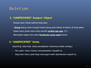 11
2. “UNSPECIFIED” Subject / Object
Subyek atau Obyek kalimat tidak jelas
- Orang bilang untuk menjadi hebat hanya perlu latihan & latihan (S tidak jelas)
-Kalau kamu pintar kamu bisa memilih profesi apa saja (O )
-Berangkat segera dan pakai kendaraan yang cepat karena
3. “UNSPECIFIED” Verbs
- Aku yakin kamu mampu menyelesaikan masalah itu.
- Saya tahu kamu pasti tetap semangat meski diperlakukan seperti itu.
(sepotong kata kerja tanpa penejelasan maknanya selalu ambigu)
 