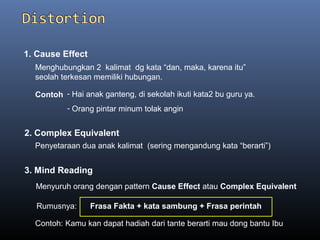 1. Cause Effect
Contoh
Menghubungkan 2 kalimat dg kata “dan, maka, karena itu”
seolah terkesan memiliki hubungan.
- Hai anak ganteng, di sekolah ikuti kata2 bu guru ya.
- Orang pintar minum tolak angin
3. Mind Reading
Menyuruh orang dengan pattern Cause Effect atau Complex Equivalent
2. Complex Equivalent
Penyetaraan dua anak kalimat (sering mengandung kata “berarti”)
Contoh: Kamu kan dapat hadiah dari tante berarti mau dong bantu Ibu
Rumusnya: Frasa Fakta + kata sambung + Frasa perintah
 