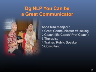 28
Anda bisa menjadi :
1.Great Communicator => selling
2.Coach (life Coach/ Prof Coach)
3.Therapist
4.Trainer/ Public Speaker
5.Consultant
 