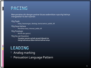 Menyamakan diri dengan partner bicara sedemikian rupa shg hatinya
mengatakanYa dan nyaman
DgTopik
 Hoby, kesenangan, ideologi, berita terkini, politik, dll
Dg Gaya bahasa
 Pemilihan kata, intonasi, jedda, dll
Dg Fisiologis
 Mimik dan gestur)
DgYes set Question
 Tanyakan sesuatu yg baik yg pasti dijawab iya
 Ulangi kalimatnya dalam bentuk kalimat tanya
6
 Analog marking
 Persuation Language Pattern
 