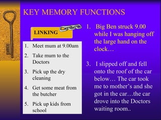 KEY MEMORY FUNCTIONS Meet mum at 9.00am Take mum to the Doctors Pick up the dry cleaning Get some meat from the butcher Pick up kids from school Big Ben struck 9.00 while I was hanging off the large hand on the clock…  I slipped off and fell  onto the roof of the car below… The car took me to mother’s and she got in the car…the car drove into the Doctors waiting room.. LINKING 
